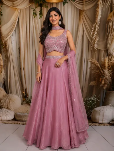 Dusty Mauve Pink Heavy Sequins and Beads Embroidered Design Crepe Bridesmaids Lehenga with Choker Dupatta